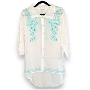 Piccola Bella Linen Button Front Blue Embroidery Shirt Cover-Up Women’s Size - M